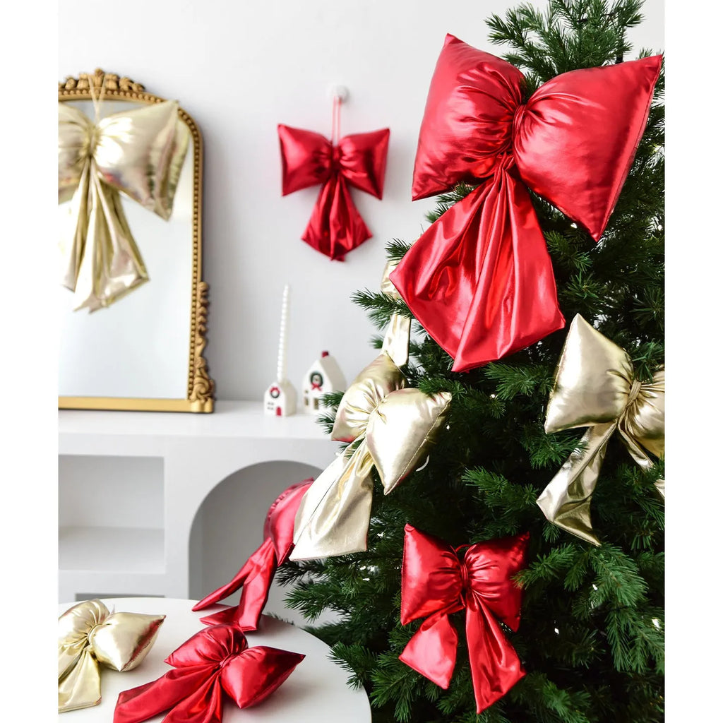 Christmas decorative bowknot in bright leather finish, red, 30cm size, hanging ornament