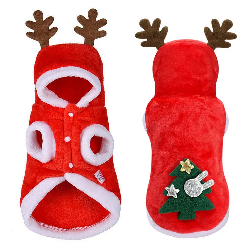 Red pet flannel elk Christmas clothes made from coral fleece, shown on a white background