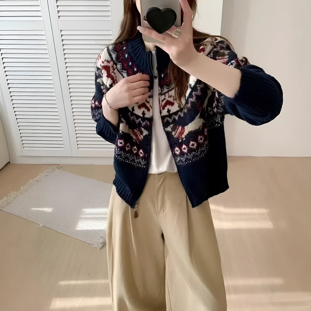 Ethnic style jacquard pullover sweater with 3D pattern in loose fit showing apricot and navy blue colour options