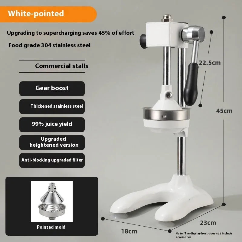 Vertical stainless steel manual juicer with zinc alloy frame in multiple colour options