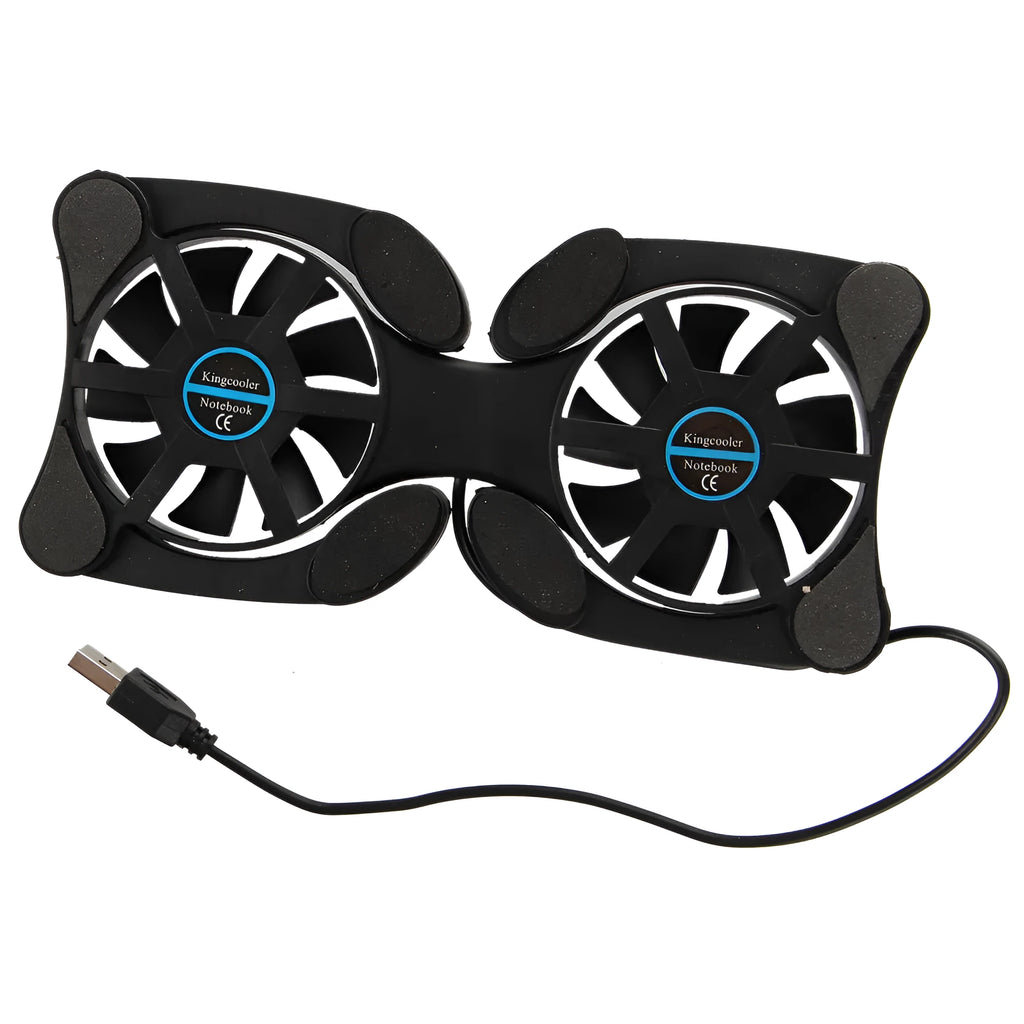 Portable folding black laptop cooling pad with two 70mm fans and USB cable on a desk