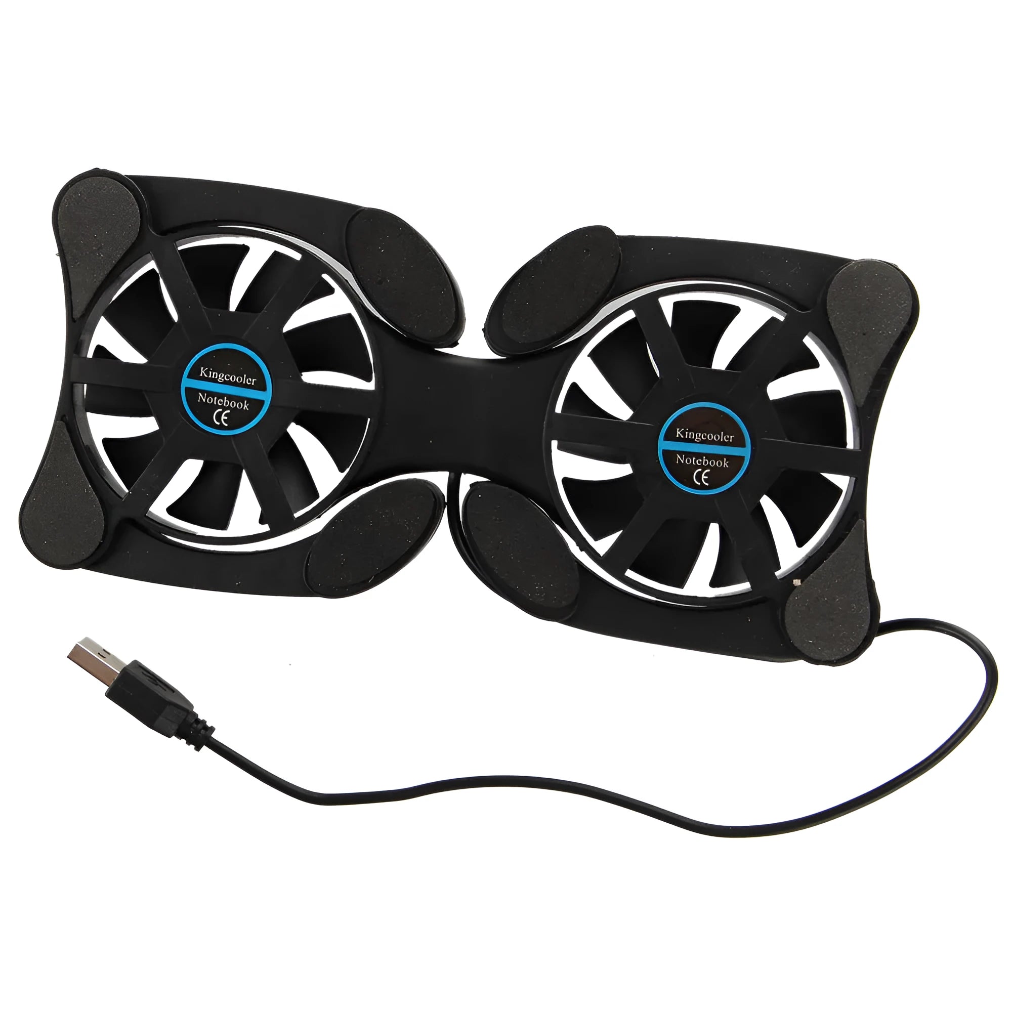 Portable folding black laptop cooling pad with two 70mm fans and USB cable on a desk