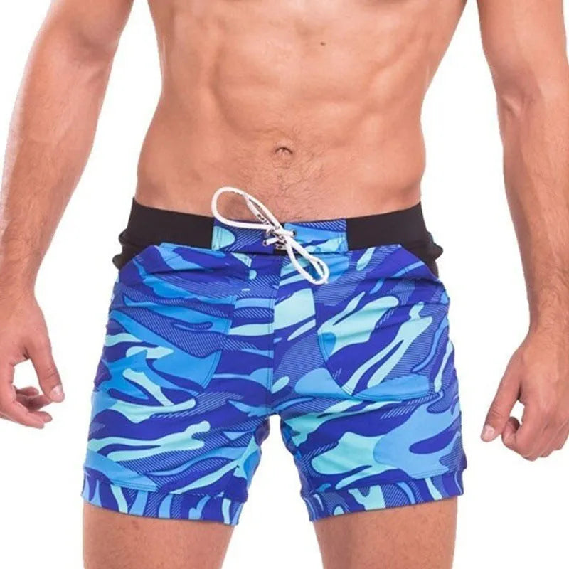Men's camouflage pattern beach surf shorts in blue and gray cotton-polyester blend