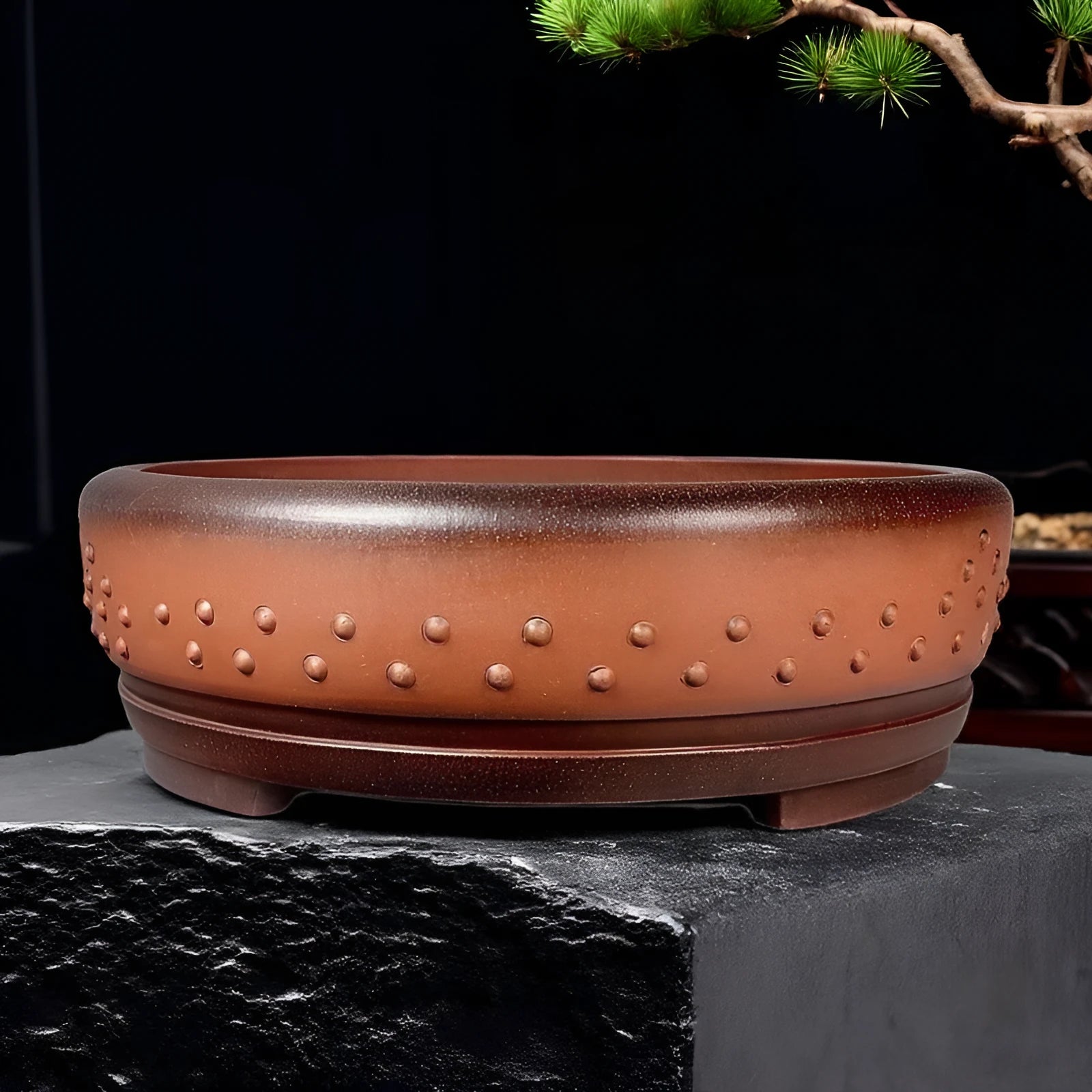 Handmade antique drum round ceramic flowerpot in purple sand colour, 60x19cm, with red mud pine cypress old pile styling