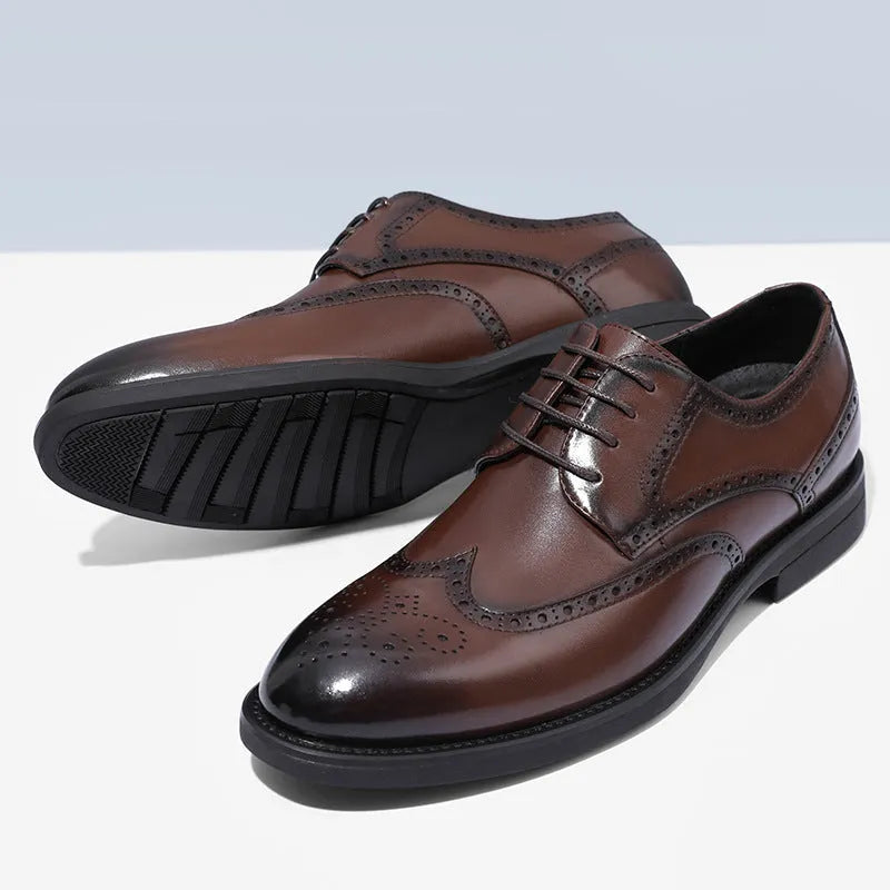 Men's black and brown brogue leather shoes with classic perforated toe design for business wear