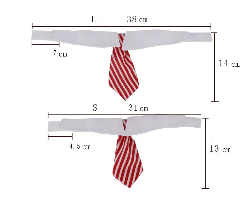 Cloth pet bow tie in red and black stripes on a dog, with S size 31cm visible