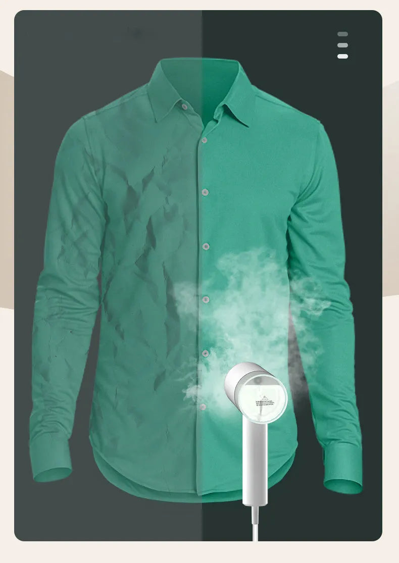 White hand-held hanging ironing machine with stainless steel panel and 200 ml water tank on white background