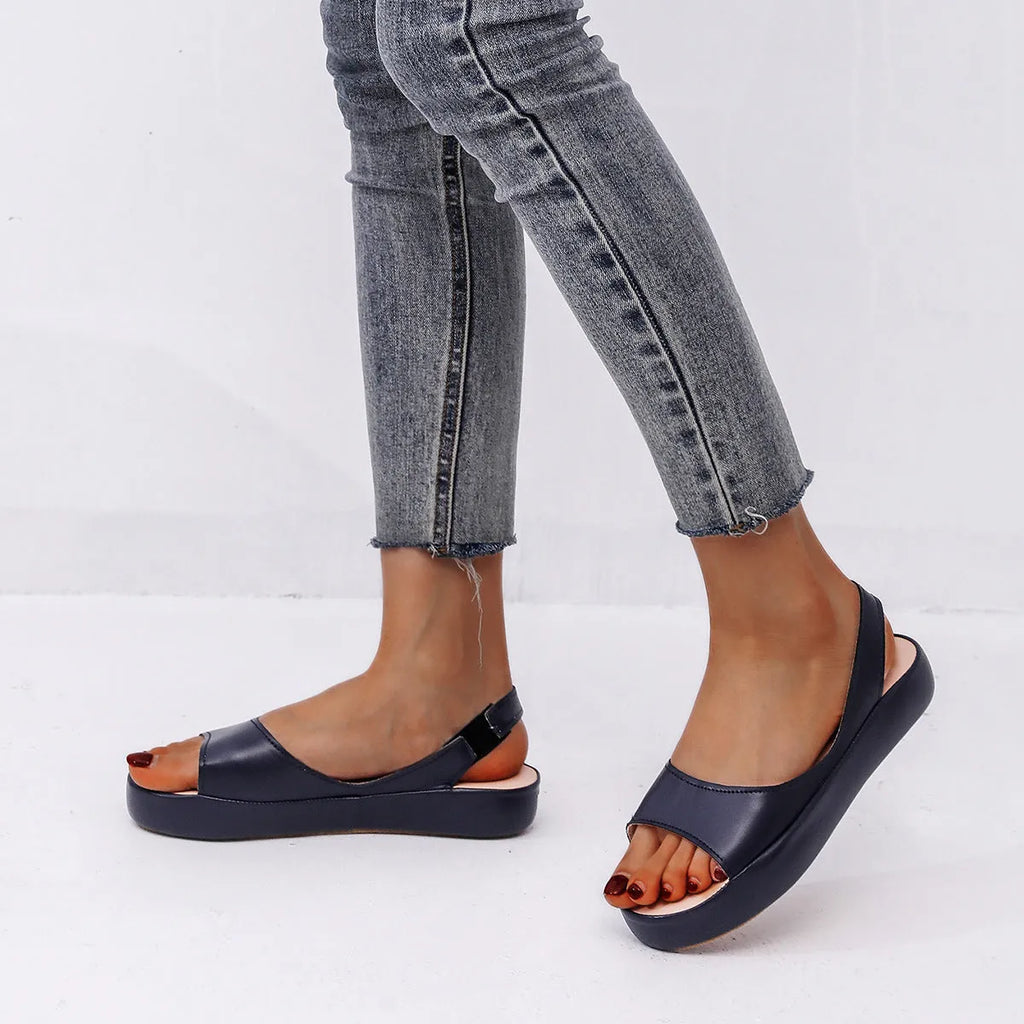 Women's flat sandals with fish mouth toe, back strap, side hollow, artificial PU upper, rubber sole, solid colour