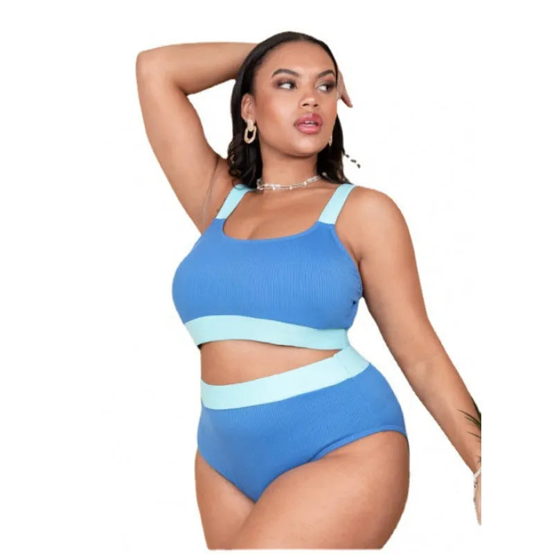 Solid colour high waisted bikini set for women in plus sizes, made from polyester fabric.