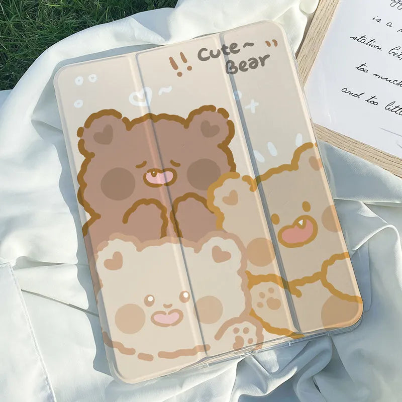 Silicone tri-fold iPad case with cartoon rabbit design shown protecting a tablet