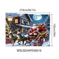 Large red and white Christmas banner with Santa Claus, starry night, and gift box graphics.