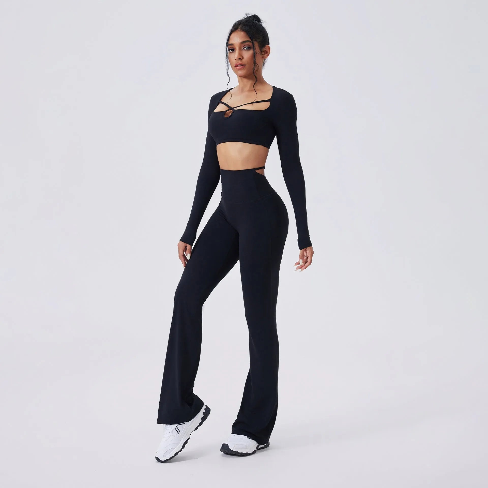 Color-blocking yoga set with hollow-out top and high-waist flared pants in Egret White, black, light banana, espresso, navy peony