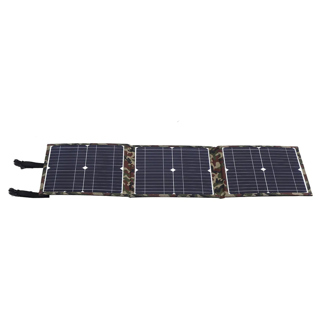 Black foldable 36W solar panel unfolded showing three monocrystalline silicon cells