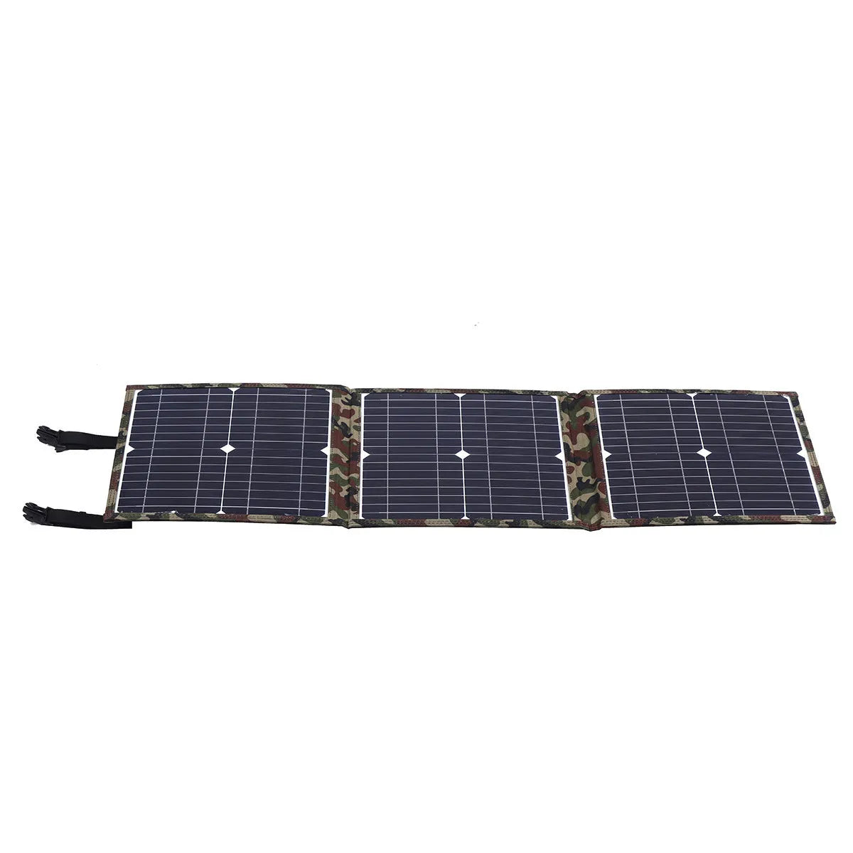 Black foldable 36W solar panel unfolded showing three monocrystalline silicon cells