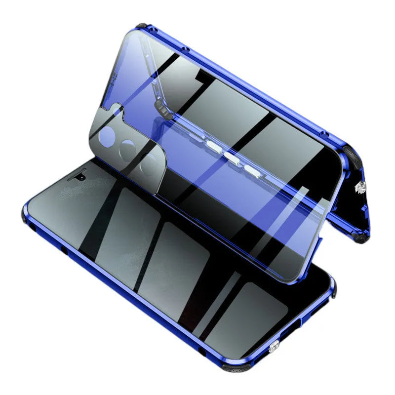 Magnetic anti-peeping phone case for Samsung Galaxy with double-sided glass construction in clamshell design