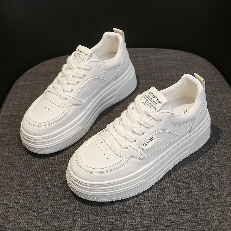 Platform thick sole casual sports skate shoes in black, genuine leather upper, round toe, front lace-up, low top