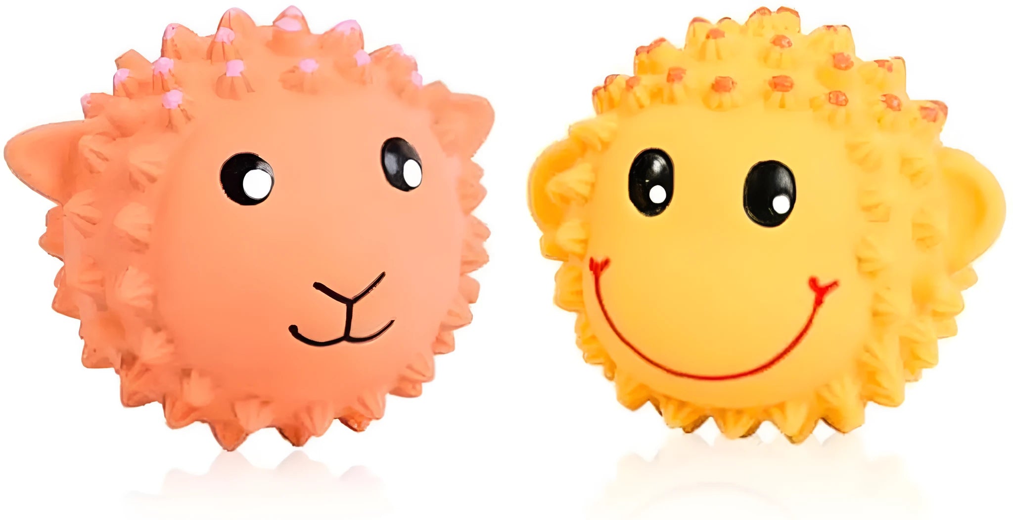 Orange and yellow spiky latex dog toys with squeaker for teeth cleaning during fetch play