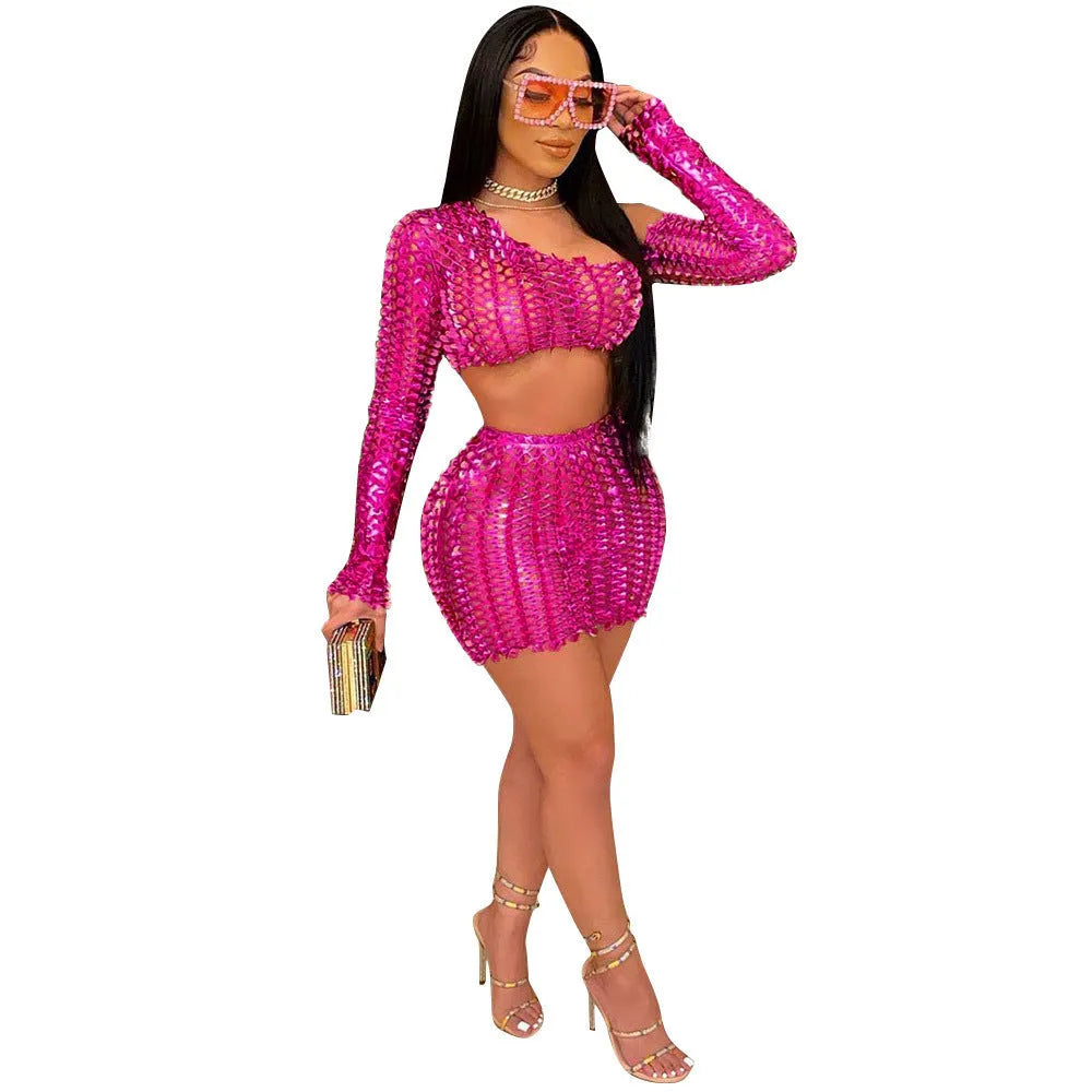 Women's black net hole hollow-out two-piece dress set with sleeveless top and short skirt