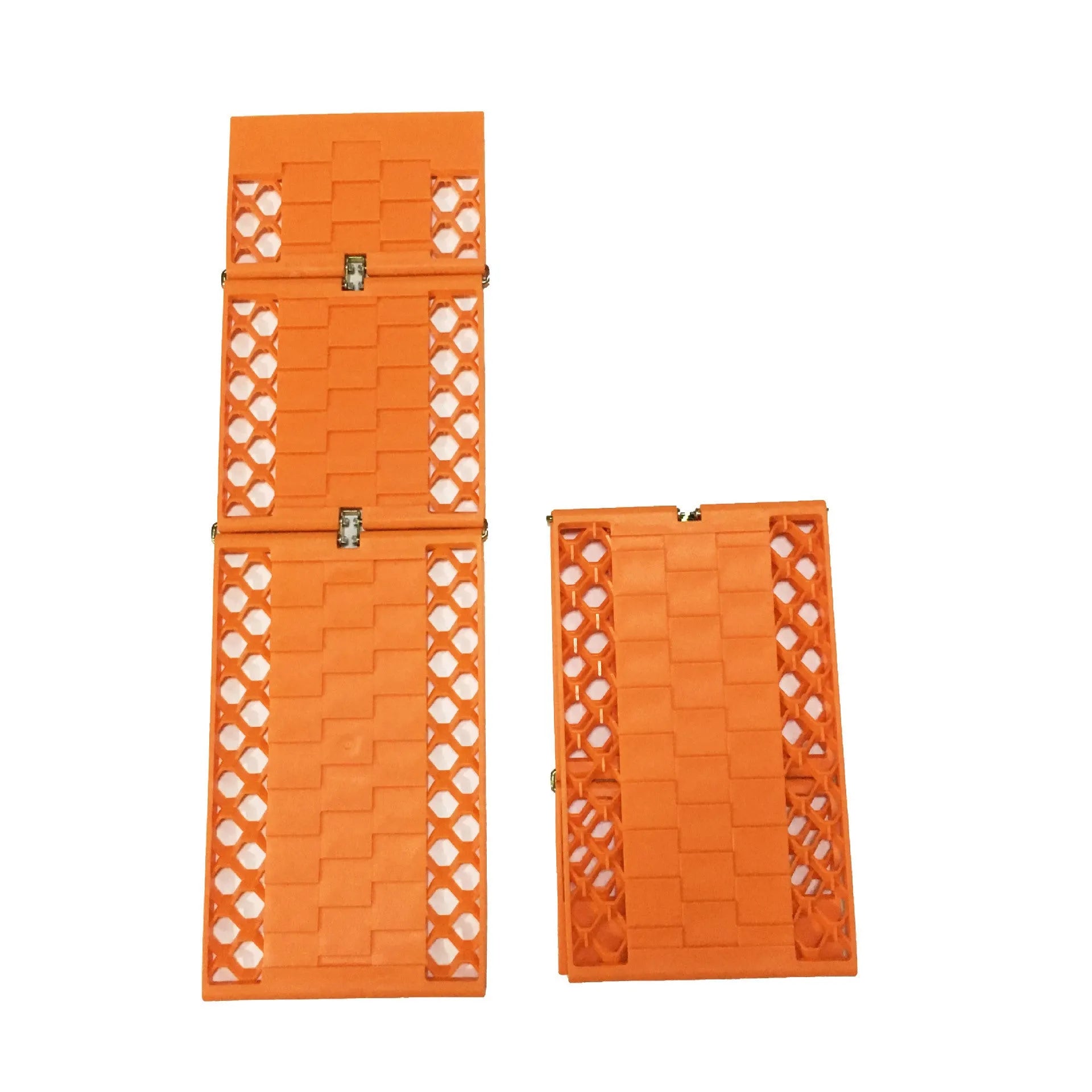 Folding anti slip mud snow rescue boards for automobiles in orange and red colours showing folded and unfolded positions