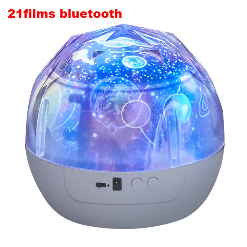 Cartoon-style Bluetooth starry sky projector showing cosmic light projection on a wall.