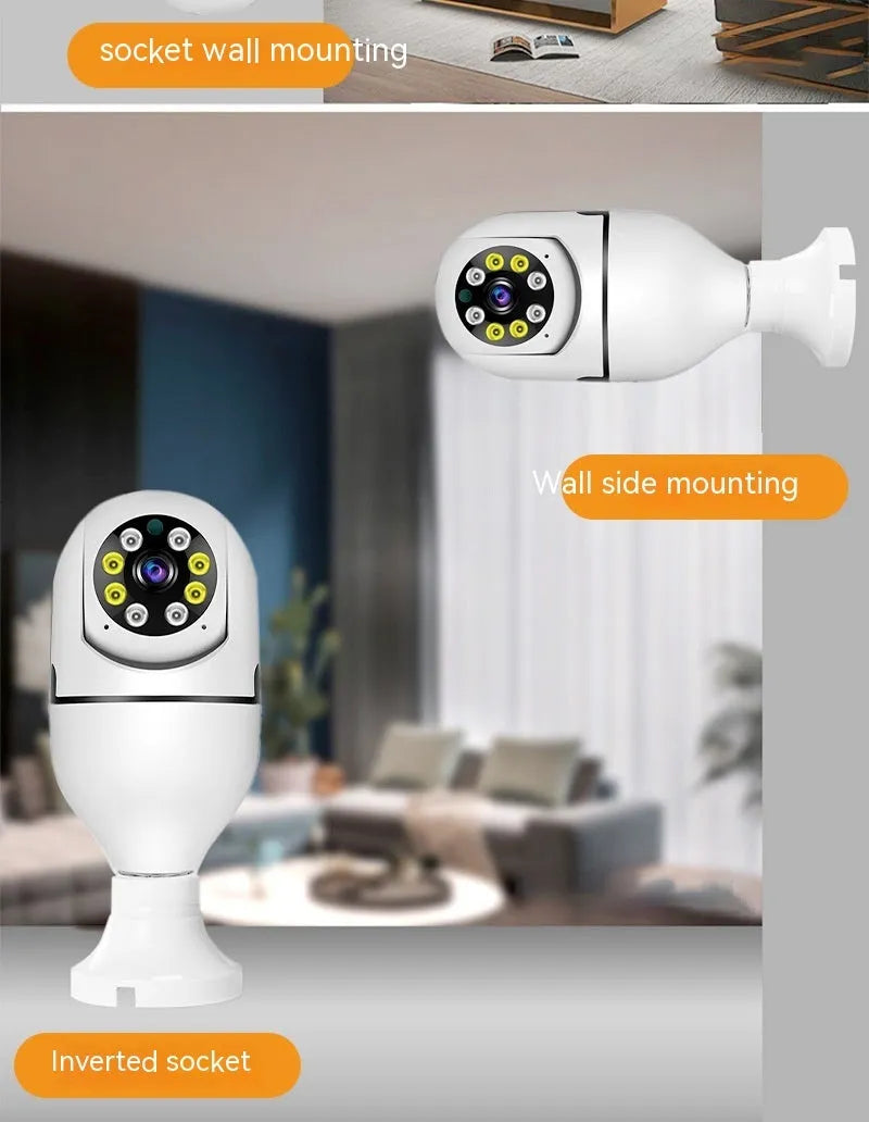 Wireless WiFi bulb security camera with compact design showing 1080p full colour night vision capability