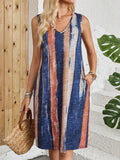 Casual striped colour block V-neck sleeveless vest dress on a hanger.