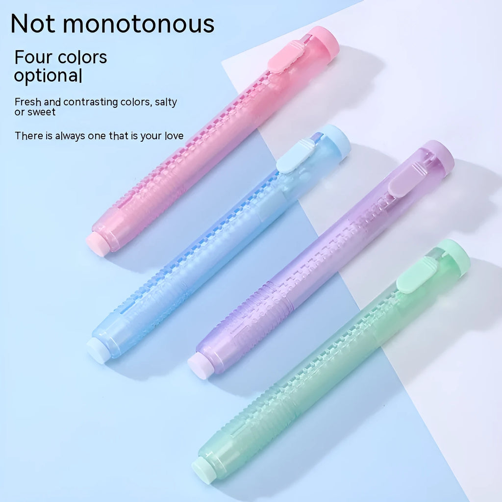 Push type traceless automatic eraser set showing blue, green, pink, and purple units