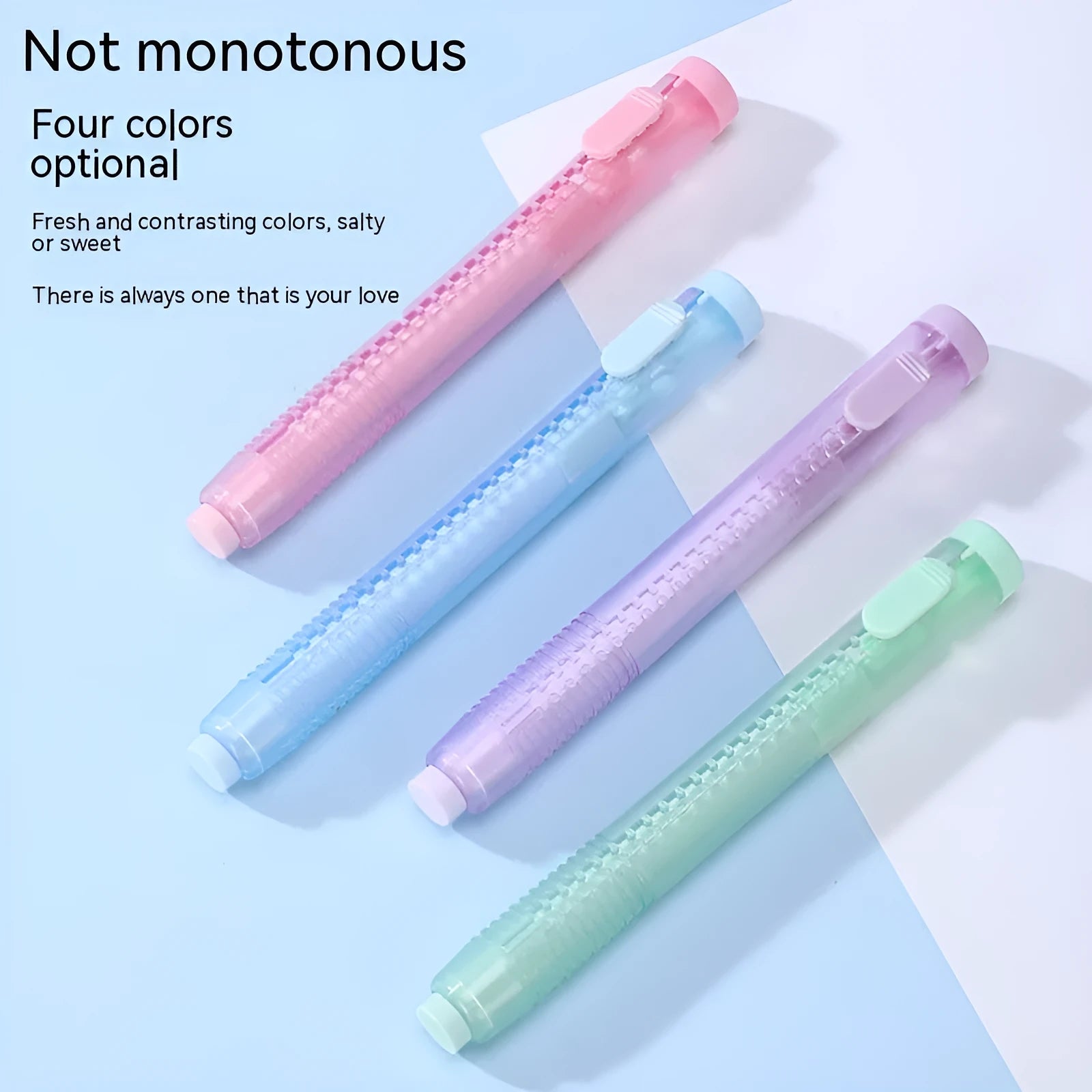 Push type traceless automatic eraser set showing blue, green, pink, and purple units