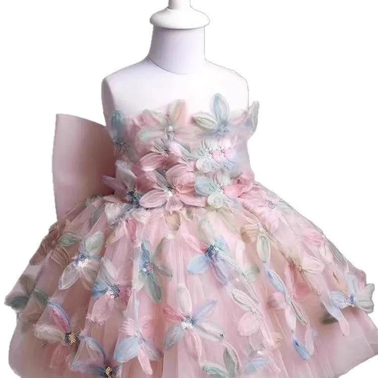 Children's full dress light luxury minority high-end princess style polyester fibre, blue one shoulder, suitable height 80-130cm
