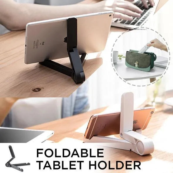 Foldable tablet holder shown in black with smartphone mounted in landscape orientation