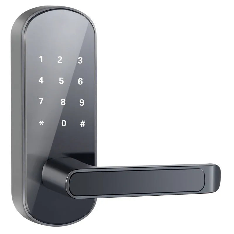 Smart Bluetooth fingerprint door lock in black or silver finish mounted on a wooden door.