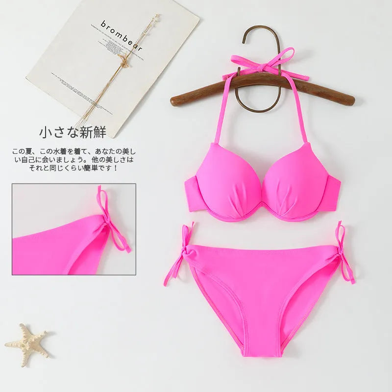 Women's bikini swimsuit set in lake green with polyester nylon briefs and sleeveless no-back top for beach or hot spring