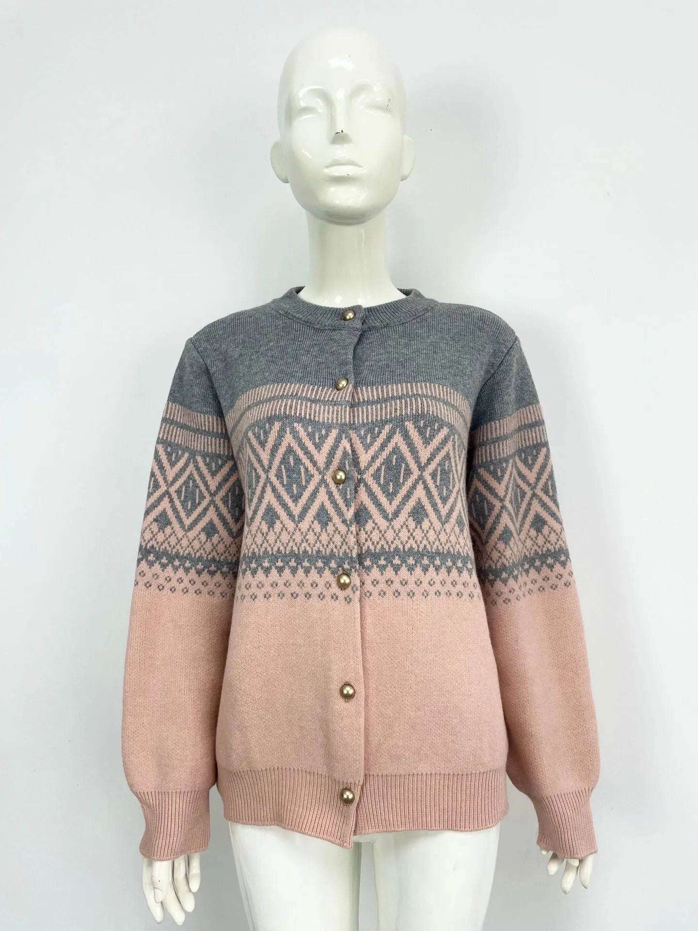 Women's grey alpaca wool diamond knitted cardigan with contrast colour sleeves