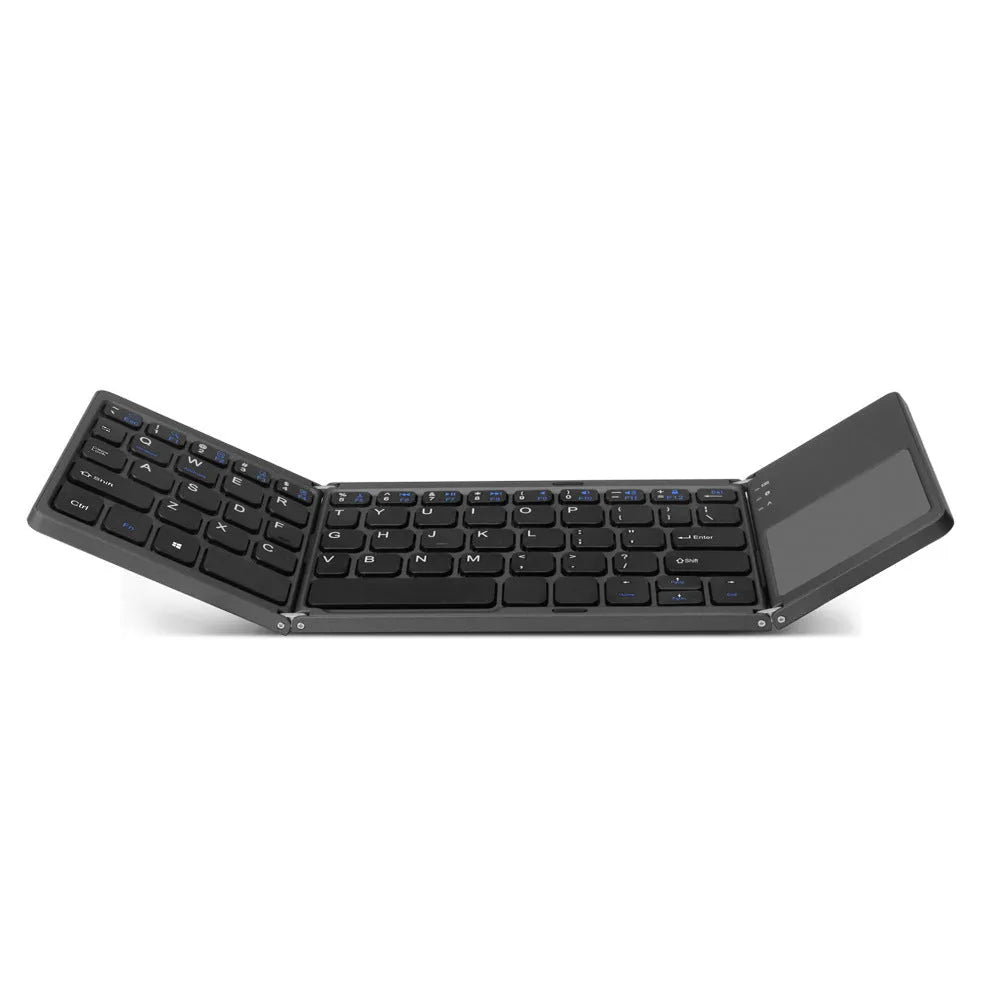 Ultra-thin black tri-fold folding Bluetooth keyboard with touchpad shown in open and closed positions