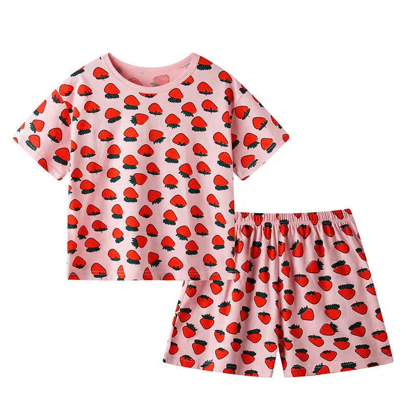 Children's cotton short-sleeved homewear set with cartoon print, top and pants, on a white background