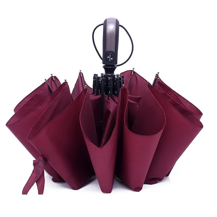 Large black business umbrella with steel frame and automatic opening mechanism