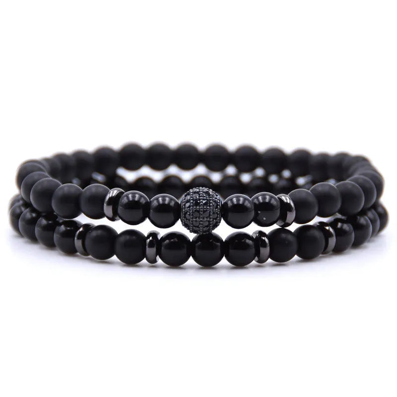 Micro-inlaid zircon bracelet with 6mm natural stone beads on elastic line, 19cm length, multicolour options