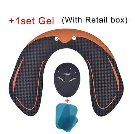 EMS hip muscle training stimulator with remote control and two gel pads in orange