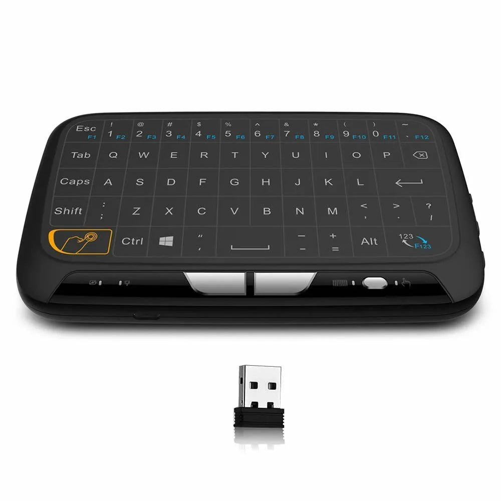 Mini H18 black wireless keyboard with 5.3 inch touchpad and QWERTY layout