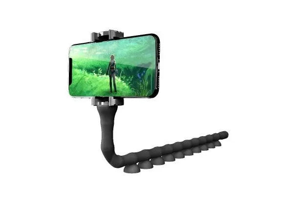 Flexible lazy bracket phone holder with suction cup mount in extended position
