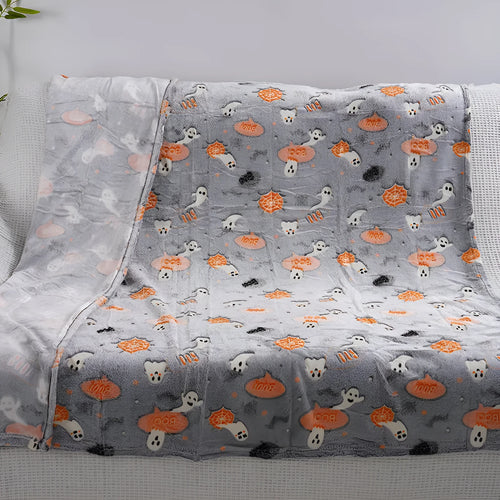 Colourful cartoon print children's flannel blanket, shown in two size options.