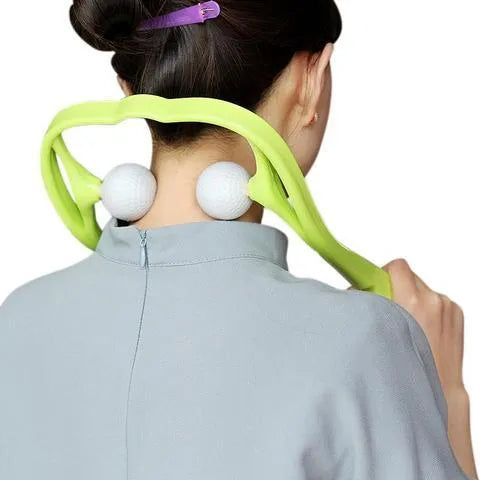 Blue plastic swan-shaped neck massager with hand roller and adjustable stand on a white background