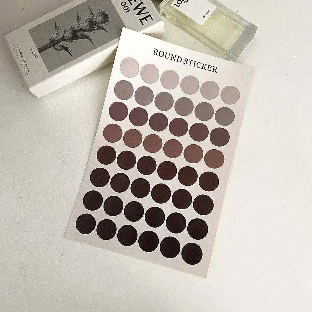 Morandi earth colour polka dot seal sticker sheet with 48 die-cut 2 cm circle stickers on an A5 size 16x24.5 cm sheet