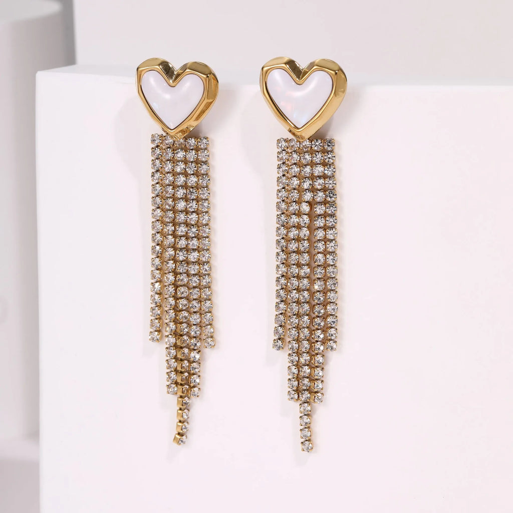 Women's stainless steel earrings with diamond tassel and heart or star shapes, 18K electroplated finish