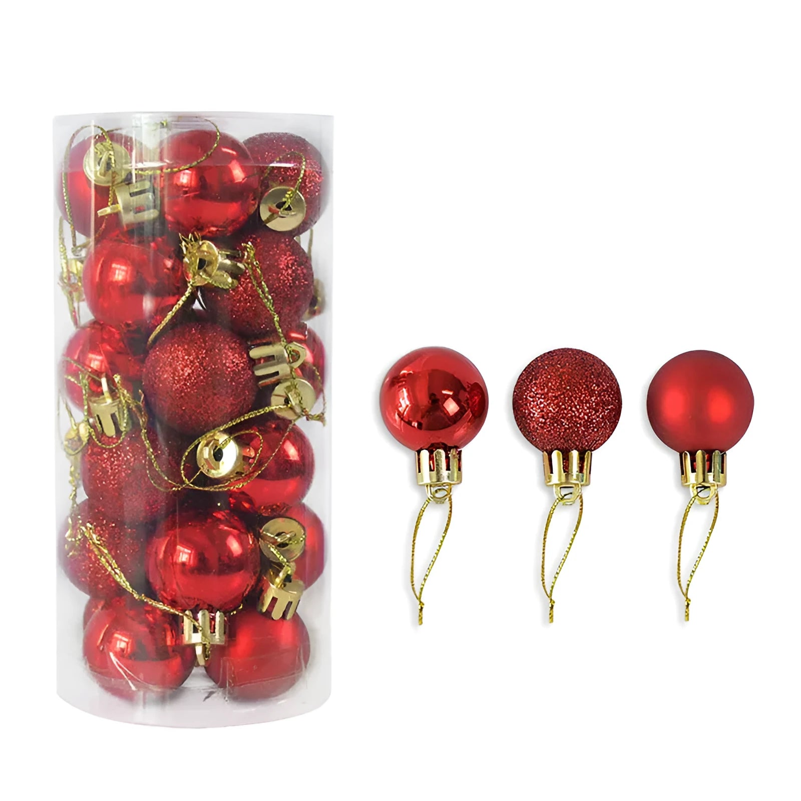 Assorted 3cm shiny gold, red, and silver Christmas ball ornaments spilling from a tall storage barrel.