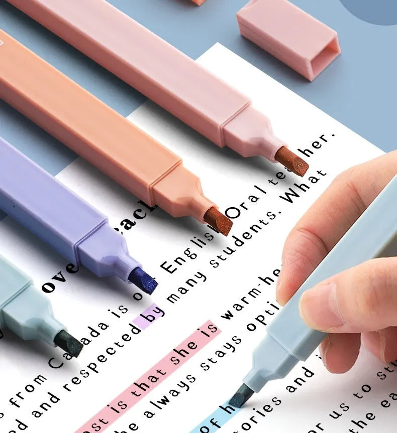 Set of double-ended fluorescent marking pens showing two different coloured nibs on each pen