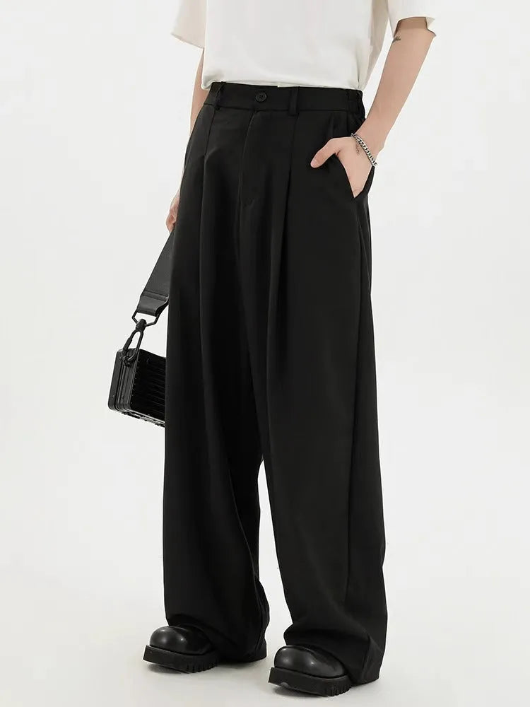 Men's straight casual trousers in black, loose fit with polyester fabric