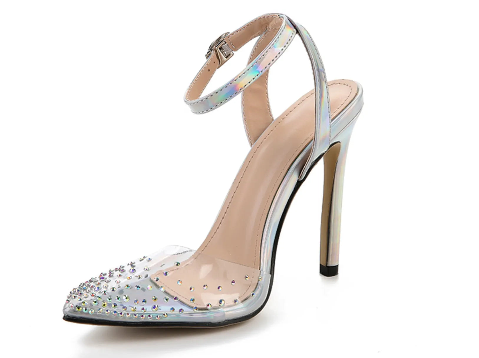 Women's pointed diamond sandals with stiletto heels and PVC upper material
