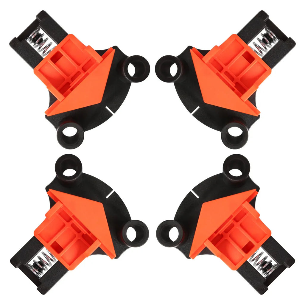 Set of plastic 90-degree right angle clips for picture frame assembly using woodworking clamps