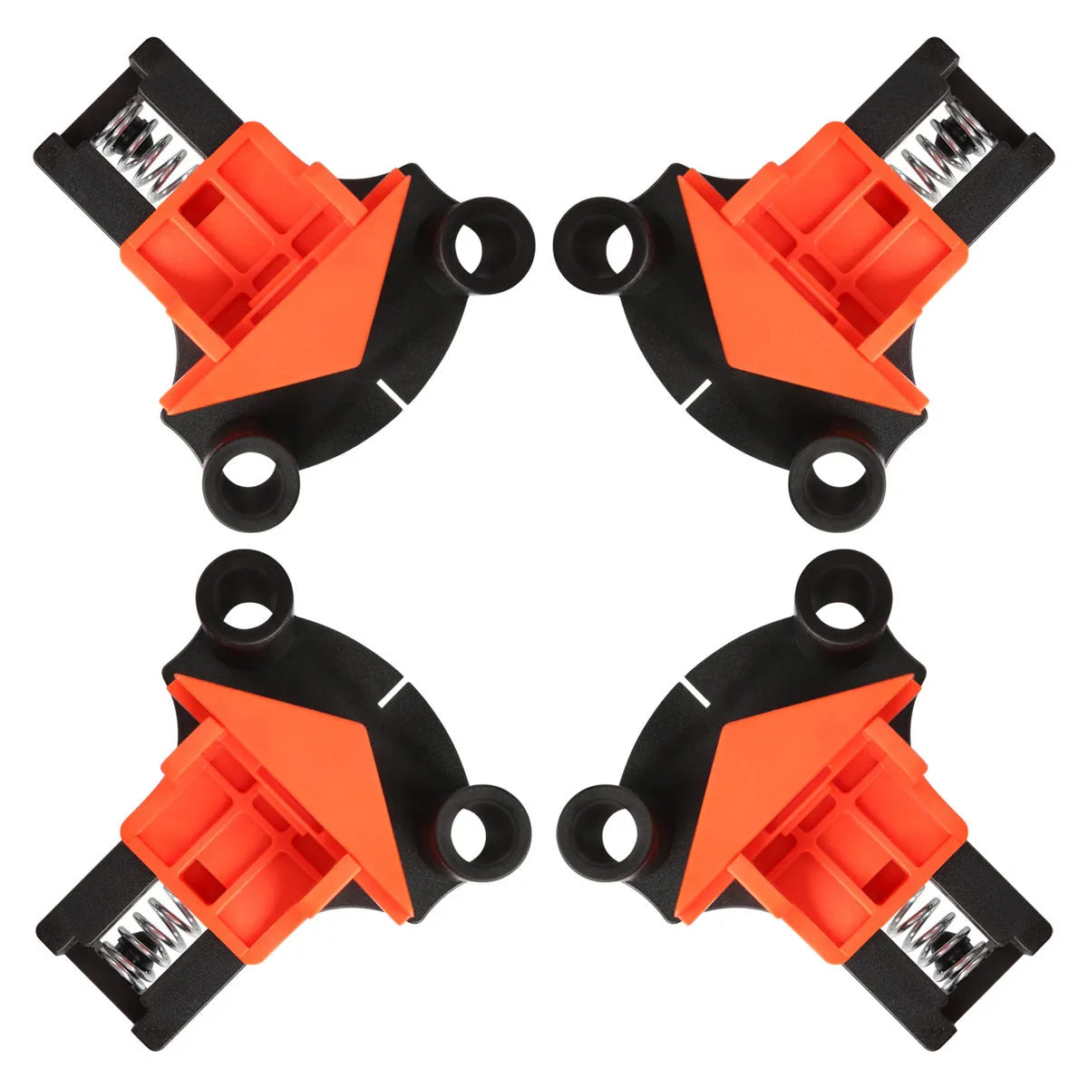 Set of plastic 90-degree right angle clips for picture frame assembly using woodworking clamps